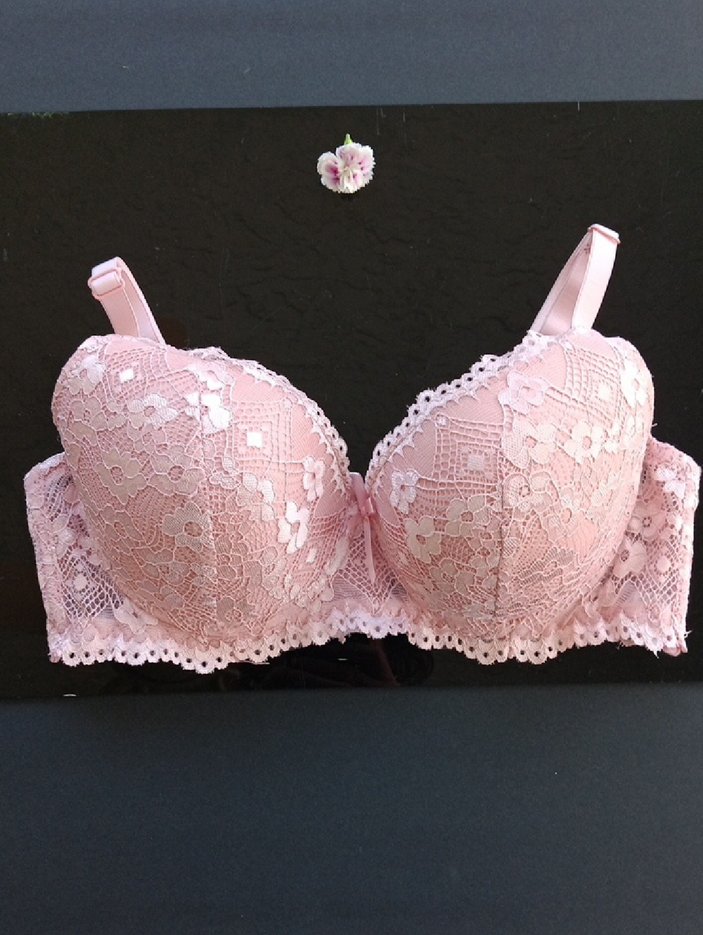 Pink lover Pink Lace Push-Up Bra with Floral Trim Size34B